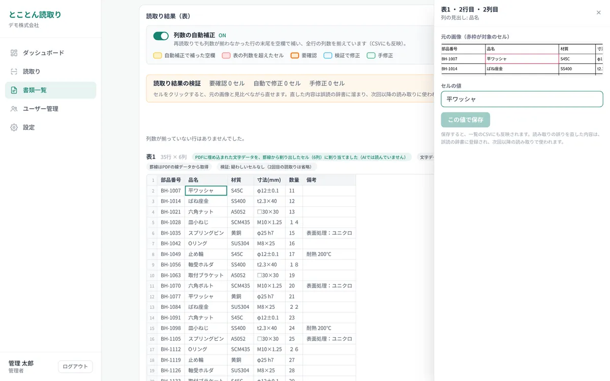読取り結果の修正画面。選んだセルの元の画像と値を並べて表示している