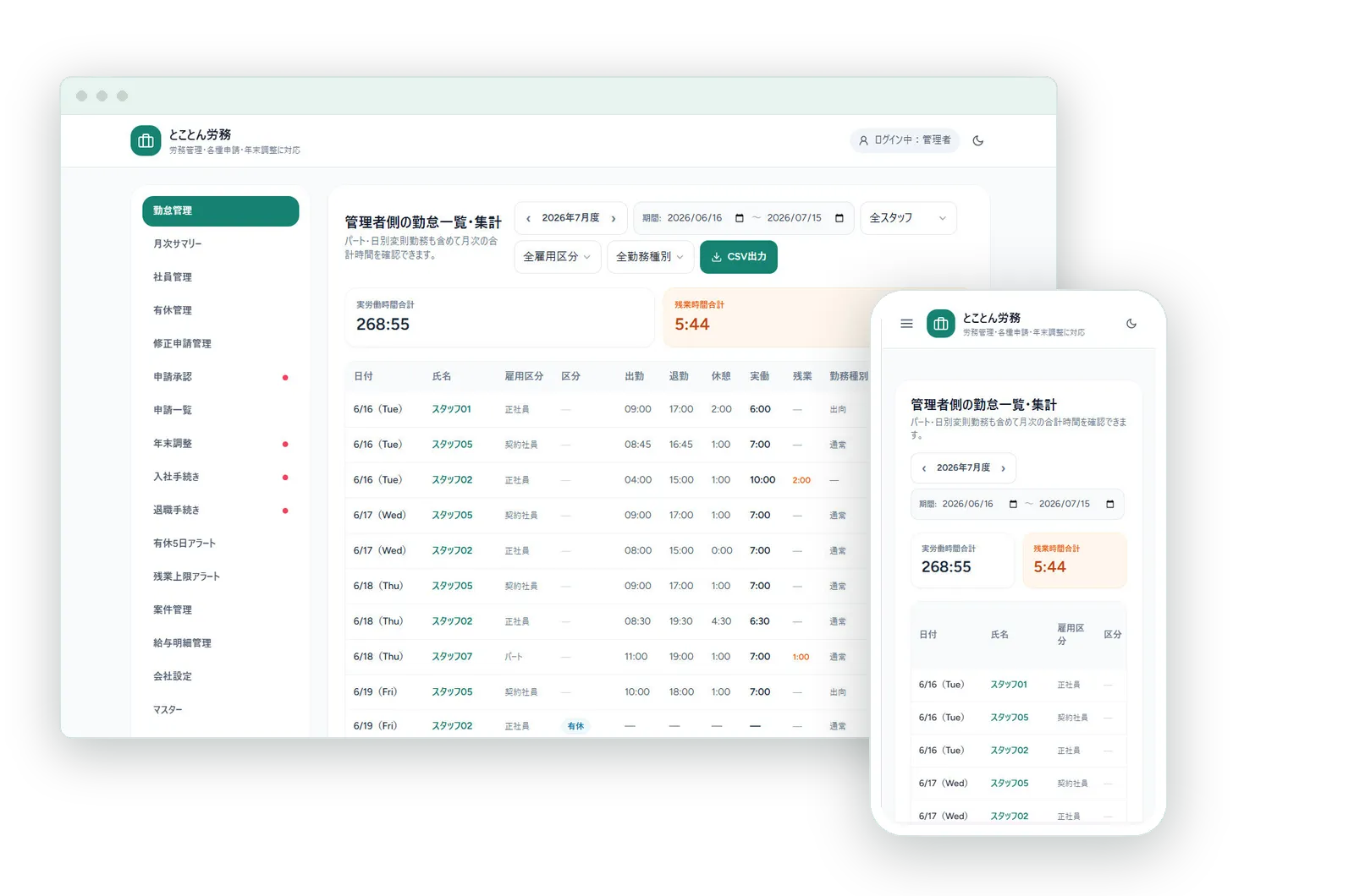 とことん労務の管理画面。PCでの勤怠一覧・集計とスマートフォン表示
